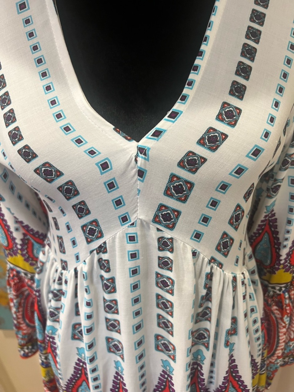 Boho Paisley Babydoll Dress Tunic Bell Sleeve Festival Mini Medium - Picture 4 of 14